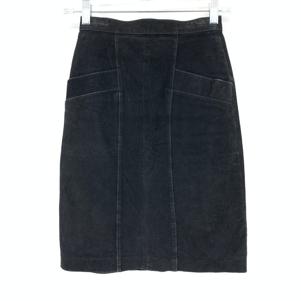 Vintage 90s Suede Leather Pencil Skirt Womens Apx Sz 23" XXS Black Pockets